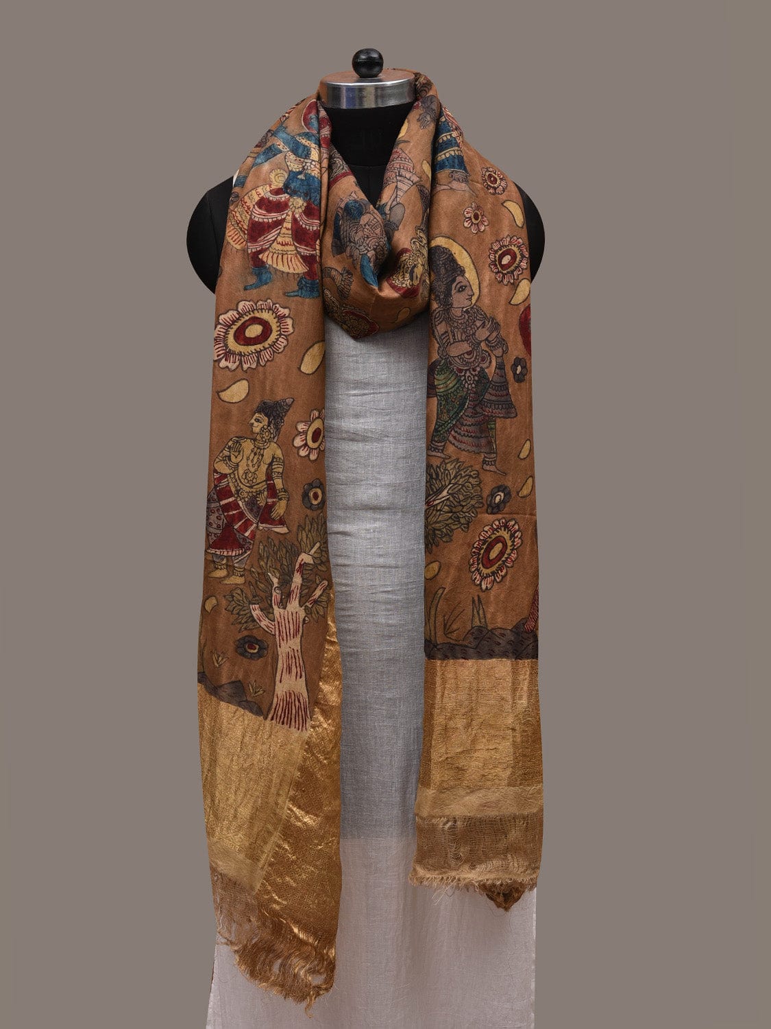 Brown Kalamkari Hand Painted Kanchipuram Silk Handloom Dupatta with Dashavatar Design ds2815