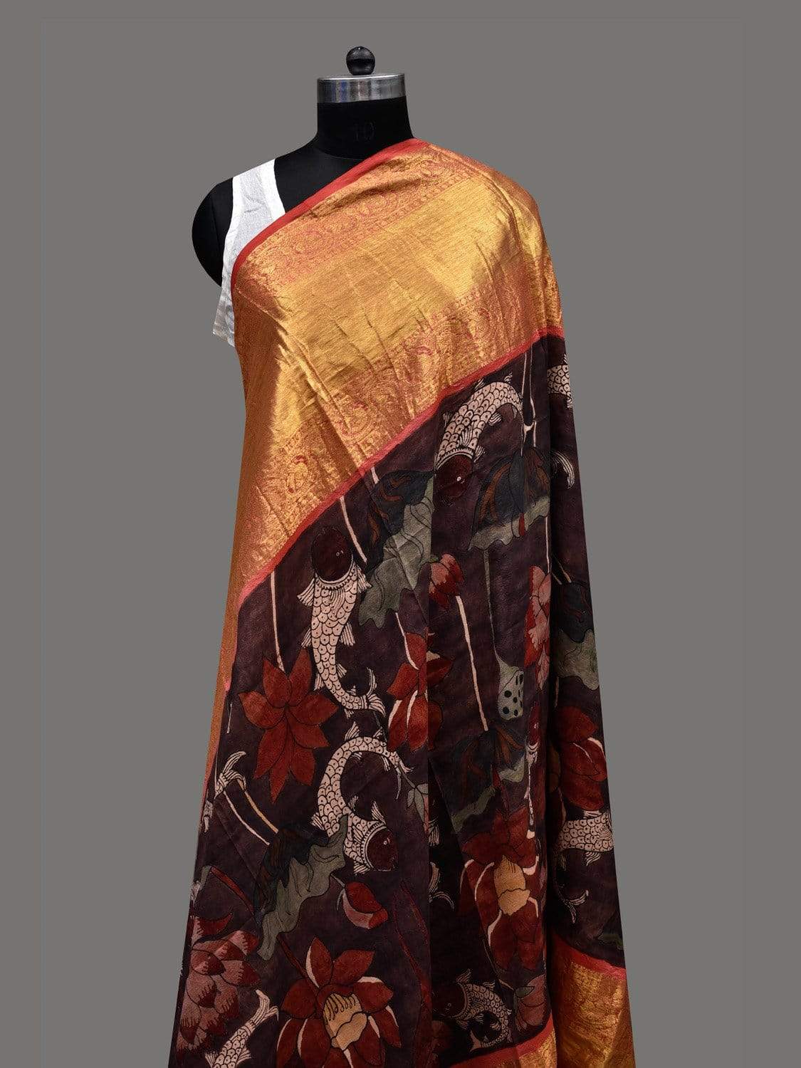 Brown Kalamkari Hand Painted Kanchipuram Silk Handloom Dupatta with Lotus and Fish Design ds2397