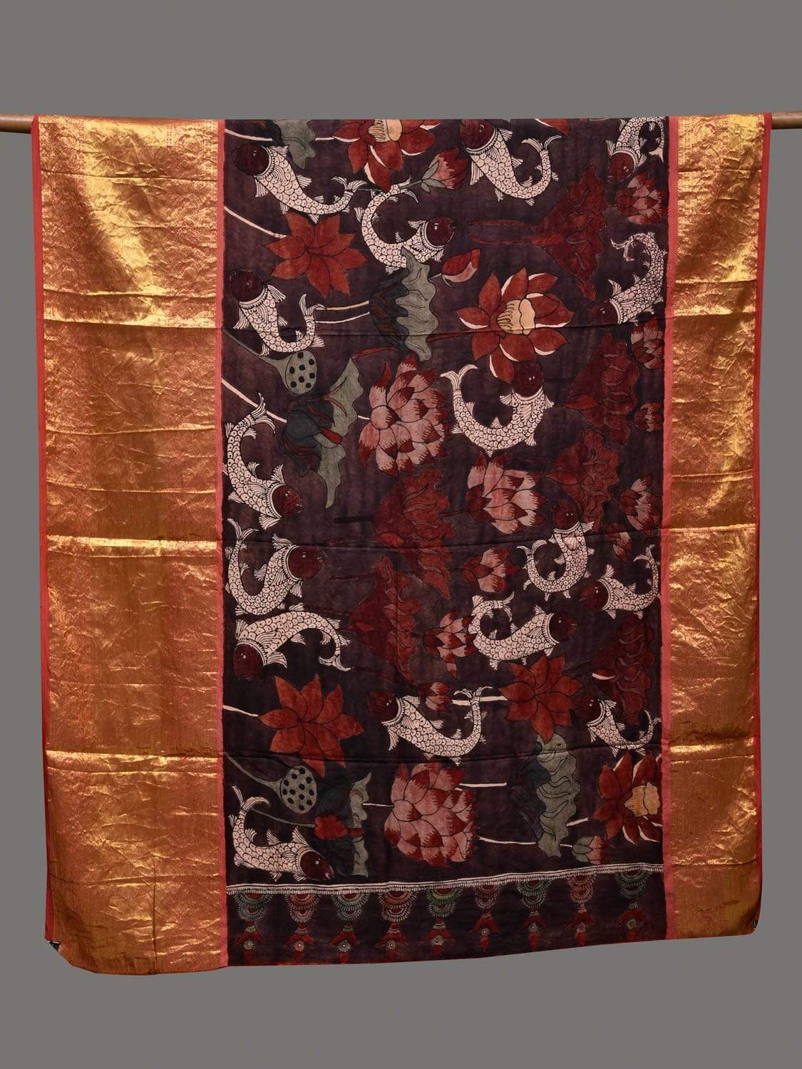 Brown Kalamkari Hand Painted Kanchipuram Silk Handloom Dupatta with Lotus and Fish Design ds2397