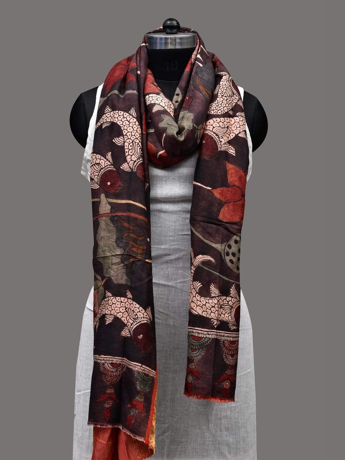 Brown Kalamkari Hand Painted Kanchipuram Silk Handloom Dupatta with Lotus and Fish Design ds2397