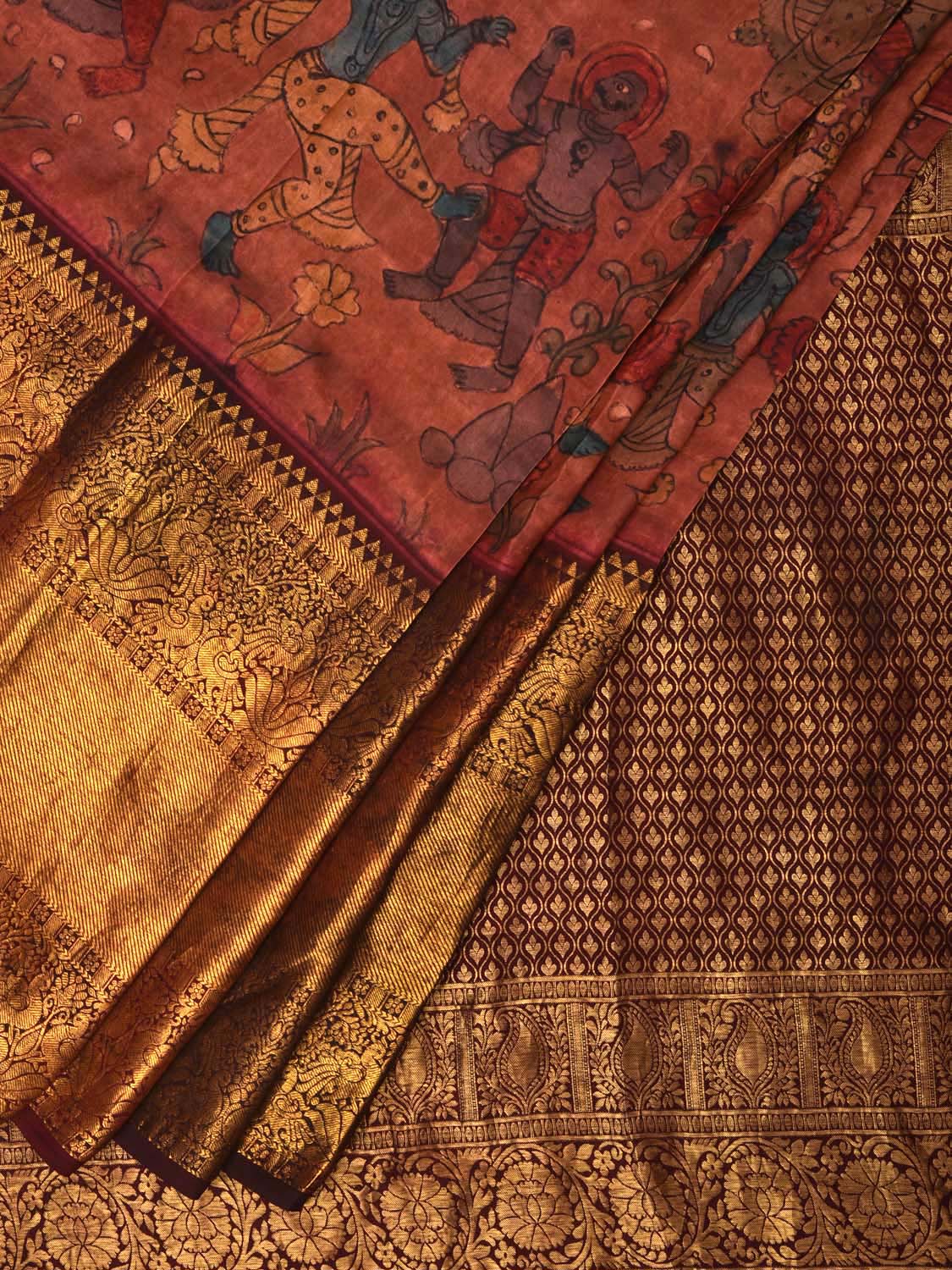 Brown Kalamkari Hand Painted Kanchipuram Silk Handloom Saree with Krishna Leele Design No Blouse KL0718