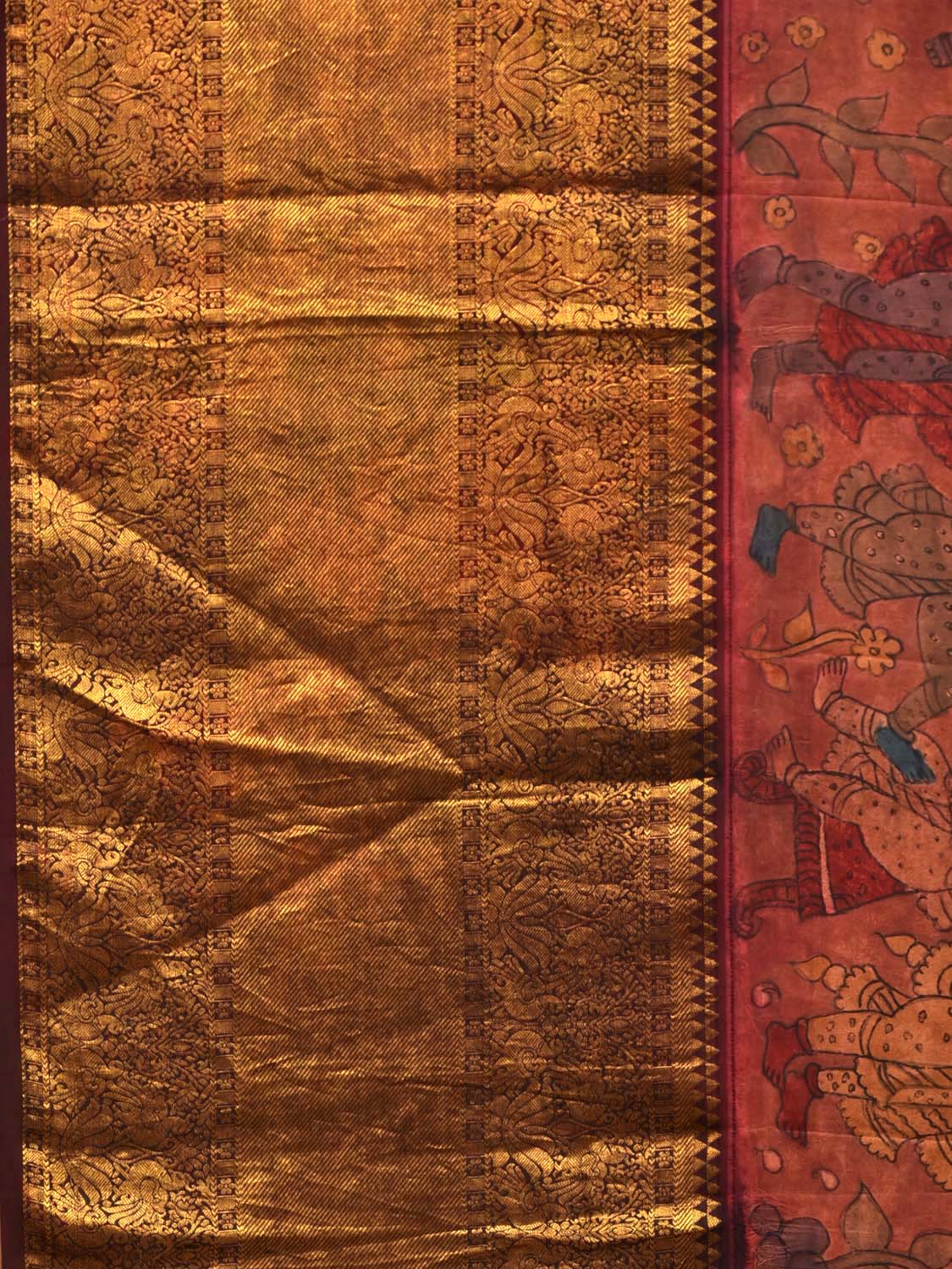 Brown Kalamkari Hand Painted Kanchipuram Silk Handloom Saree with Krishna Leele Design No Blouse KL0718