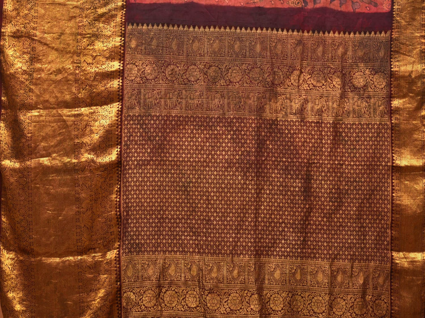 Brown Kalamkari Hand Painted Kanchipuram Silk Handloom Saree with Krishna Leele Design No Blouse KL0718