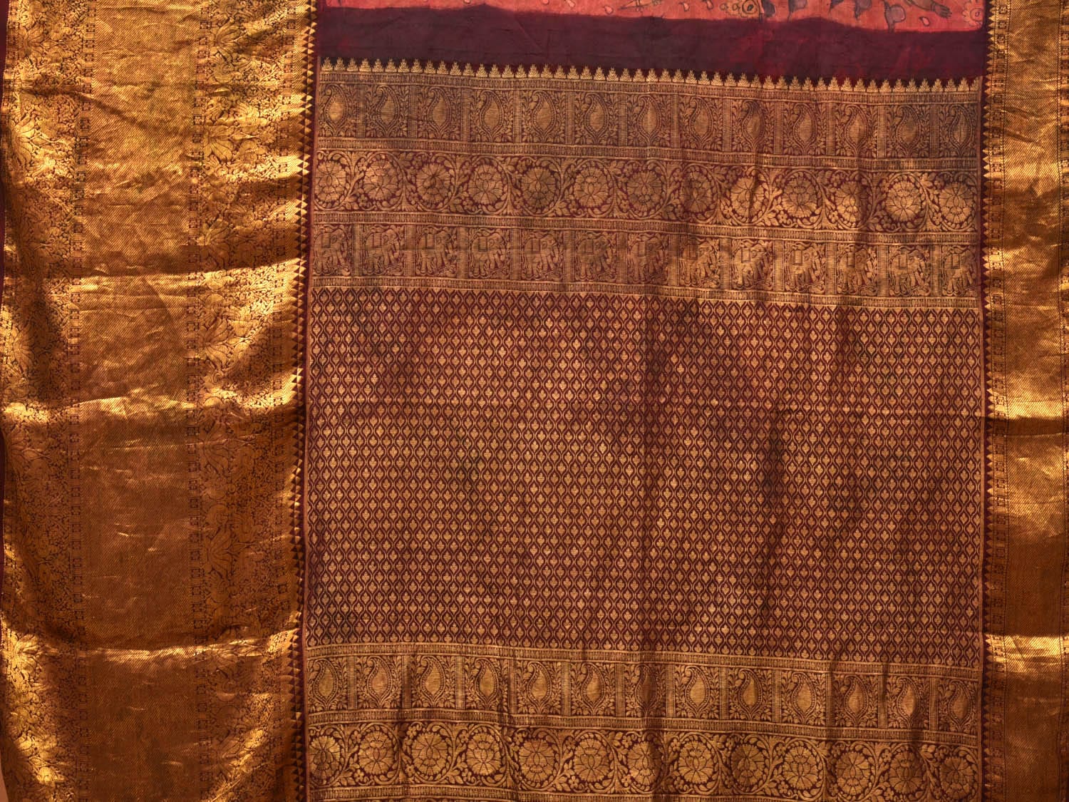 Brown Kalamkari Hand Painted Kanchipuram Silk Handloom Saree with Krishna Leele Design No Blouse KL0718