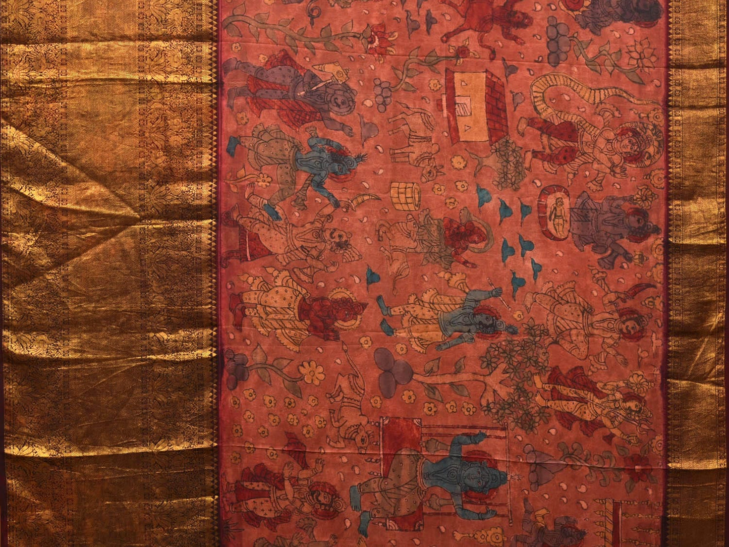 Brown Kalamkari Hand Painted Kanchipuram Silk Handloom Saree with Krishna Leele Design No Blouse KL0718