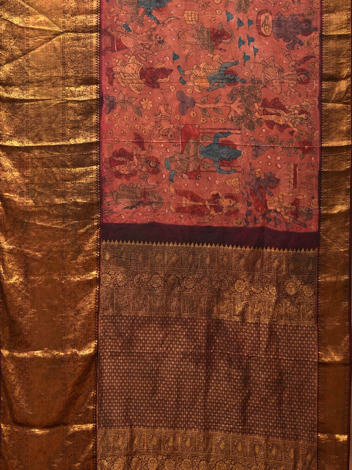 Brown Kalamkari Hand Painted Kanchipuram Silk Handloom Saree with Krishna Leele Design No Blouse KL0718