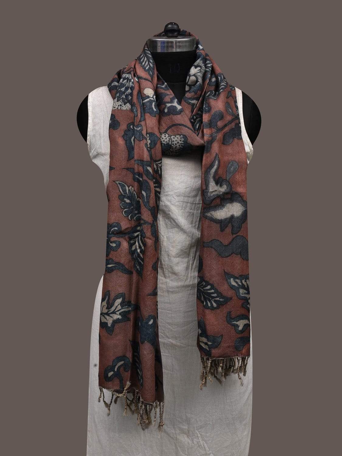 Brown Kalamkari Hand Painted Linen Dupatta with Floral Design ds2380