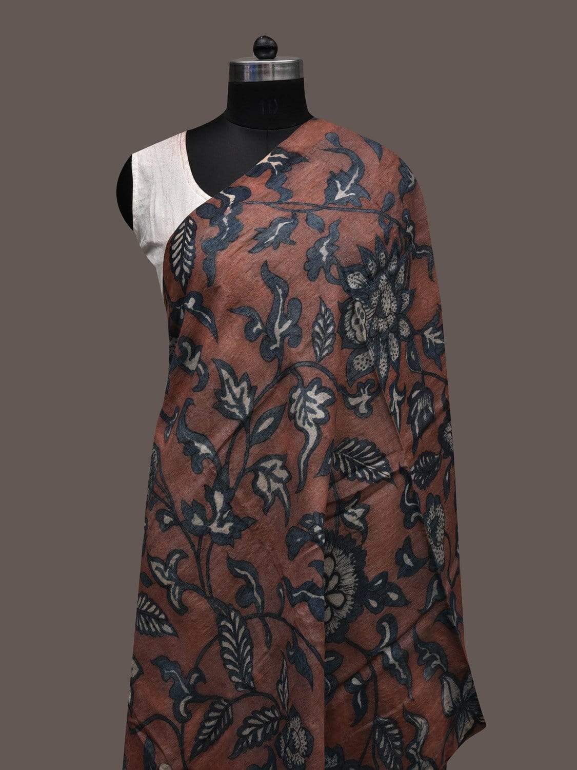 Brown Kalamkari Hand Painted Linen Dupatta with Floral Design ds2380