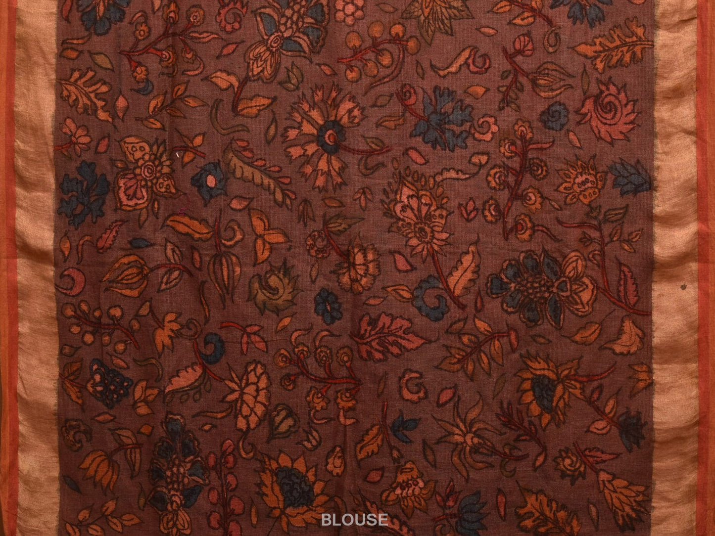 Brown Kalamkari Hand Painted Linen Handloom Saree with Floral and Birds Pallu Design KL0776