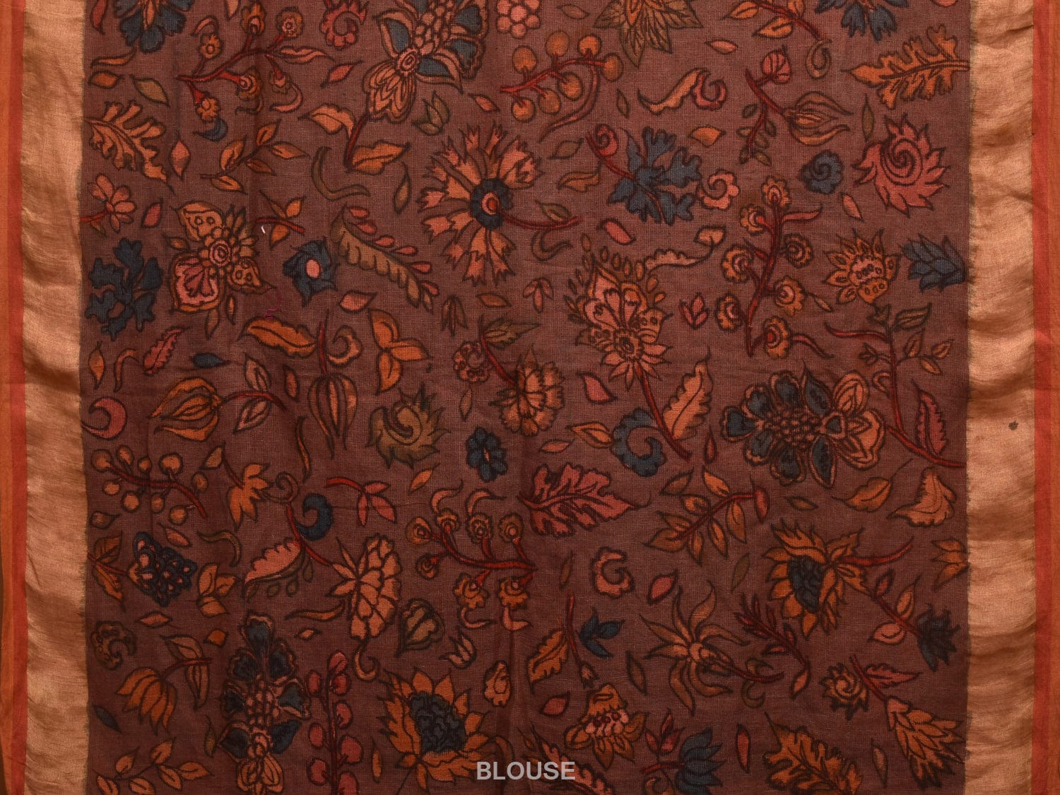 Brown Kalamkari Hand Painted Linen Handloom Saree with Floral and Birds Pallu Design KL0776