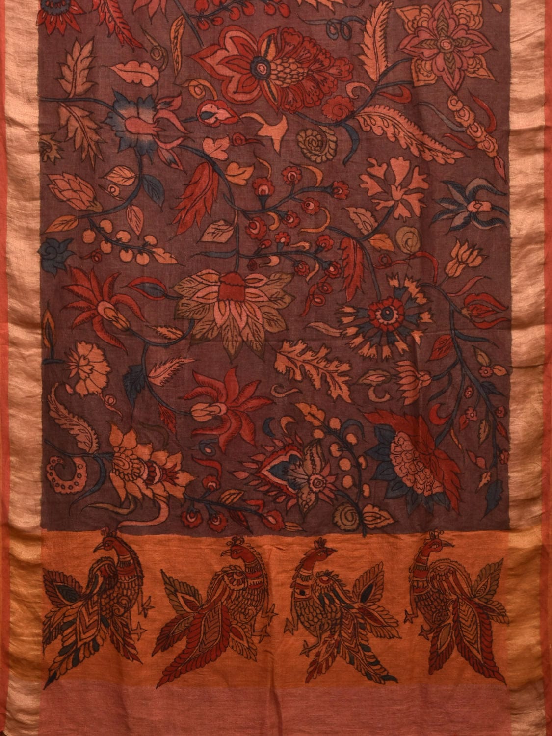 Brown Kalamkari Hand Painted Linen Handloom Saree with Floral and Birds Pallu Design KL0776