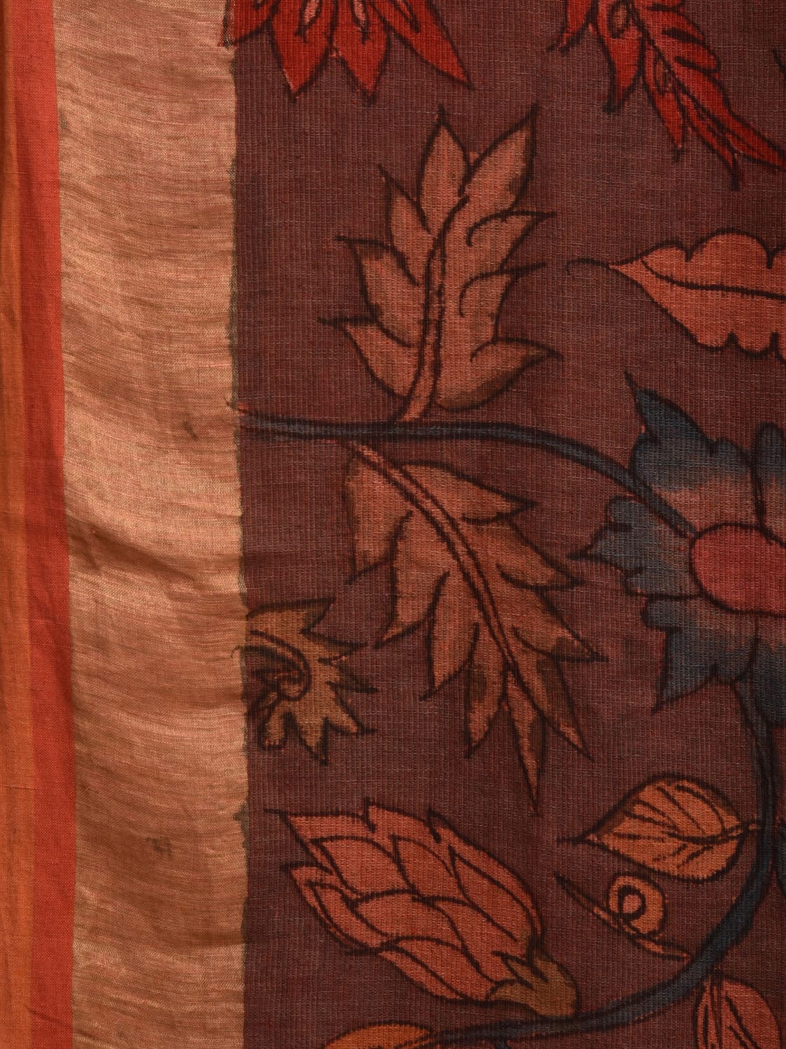 Brown Kalamkari Hand Painted Linen Handloom Saree with Floral and Birds Pallu Design KL0776