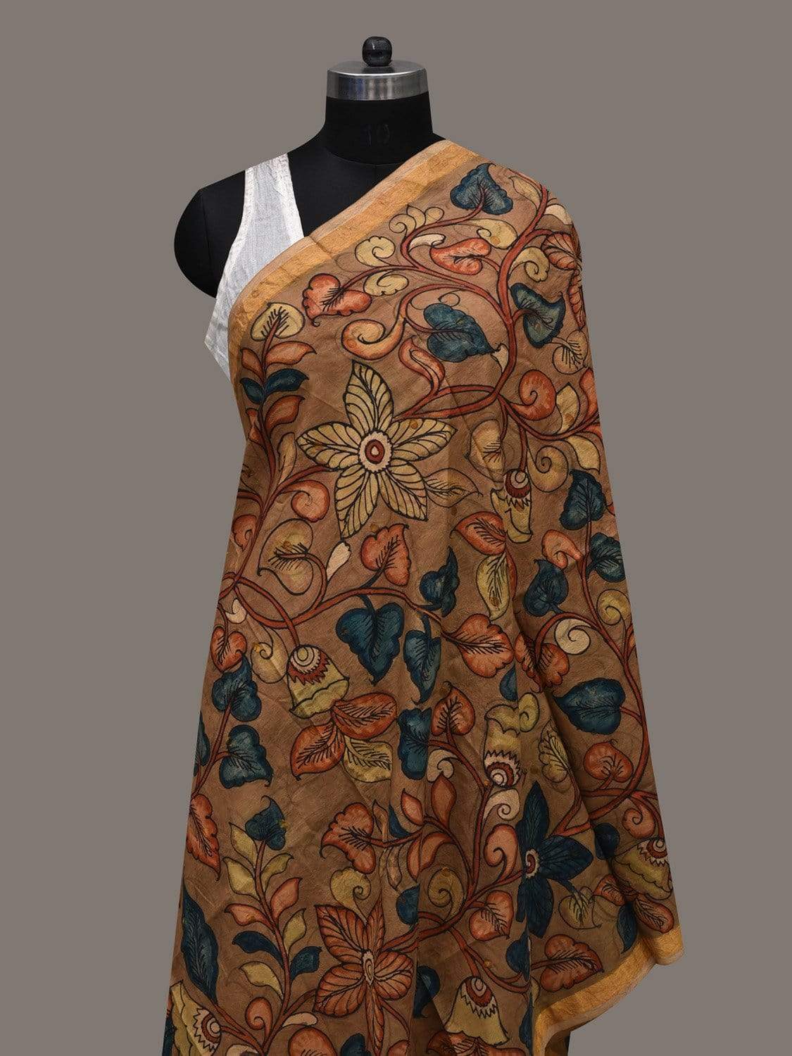 Brown Kalamkari Hand Painted Silk Handloom Dupatta with Floral Design ds2519