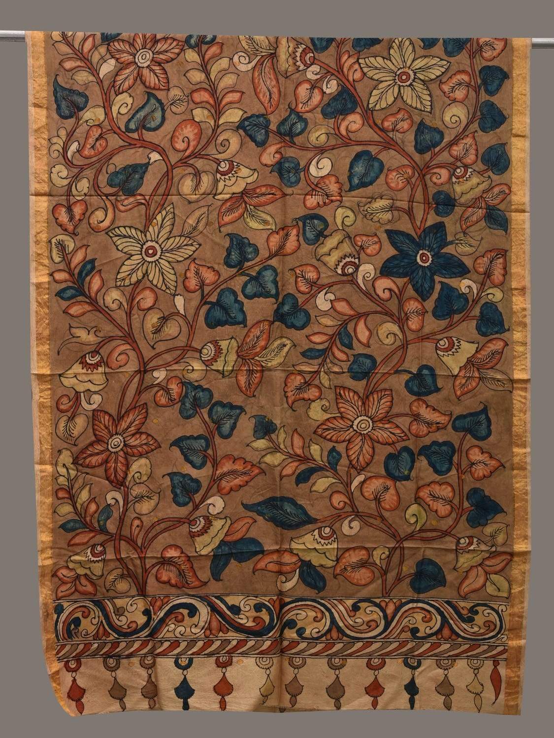 Brown Kalamkari Hand Painted Silk Handloom Dupatta with Floral Design ds2519