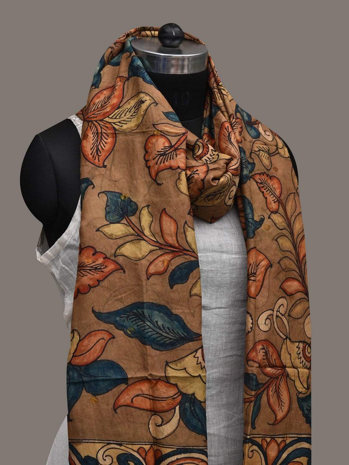 Brown Kalamkari Hand Painted Silk Handloom Dupatta with Floral Design ds2519