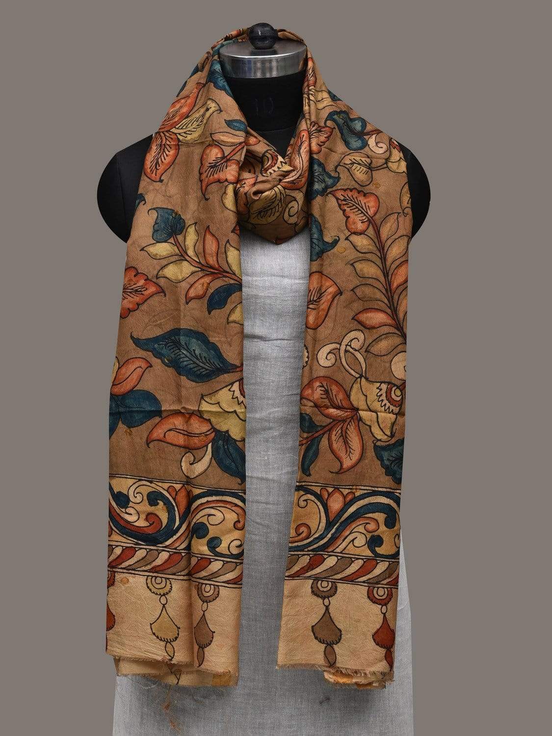 Brown Kalamkari Hand Painted Silk Handloom Dupatta with Floral Design ds2519