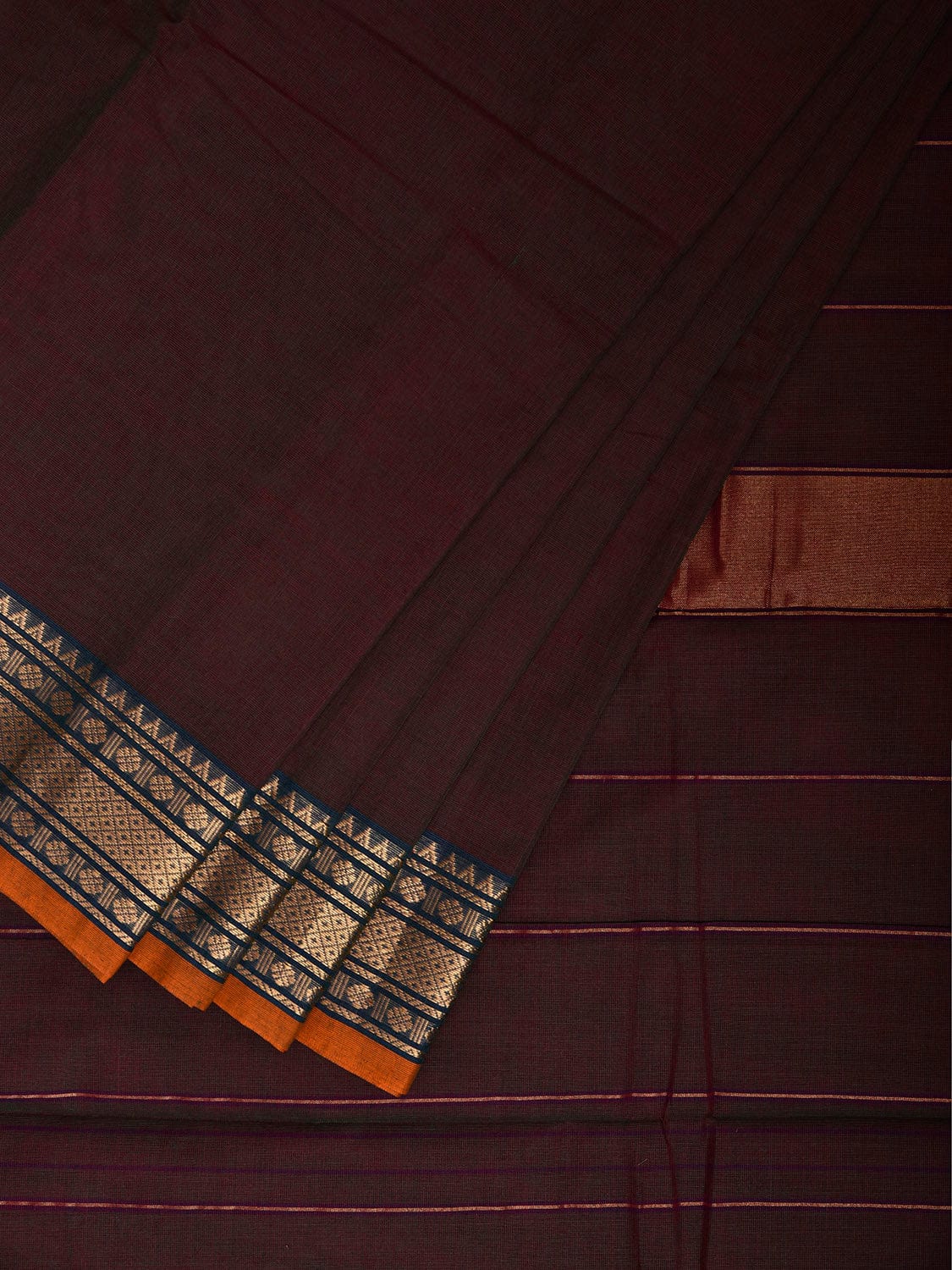 Brown Kanchipuram Cotton Plain Saree with Strips and Border Design k0851