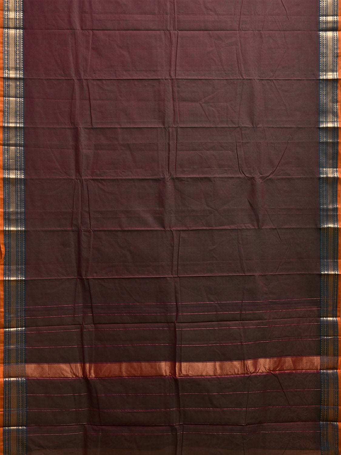 Brown Kanchipuram Cotton Plain Saree with Strips and Border Design k0851