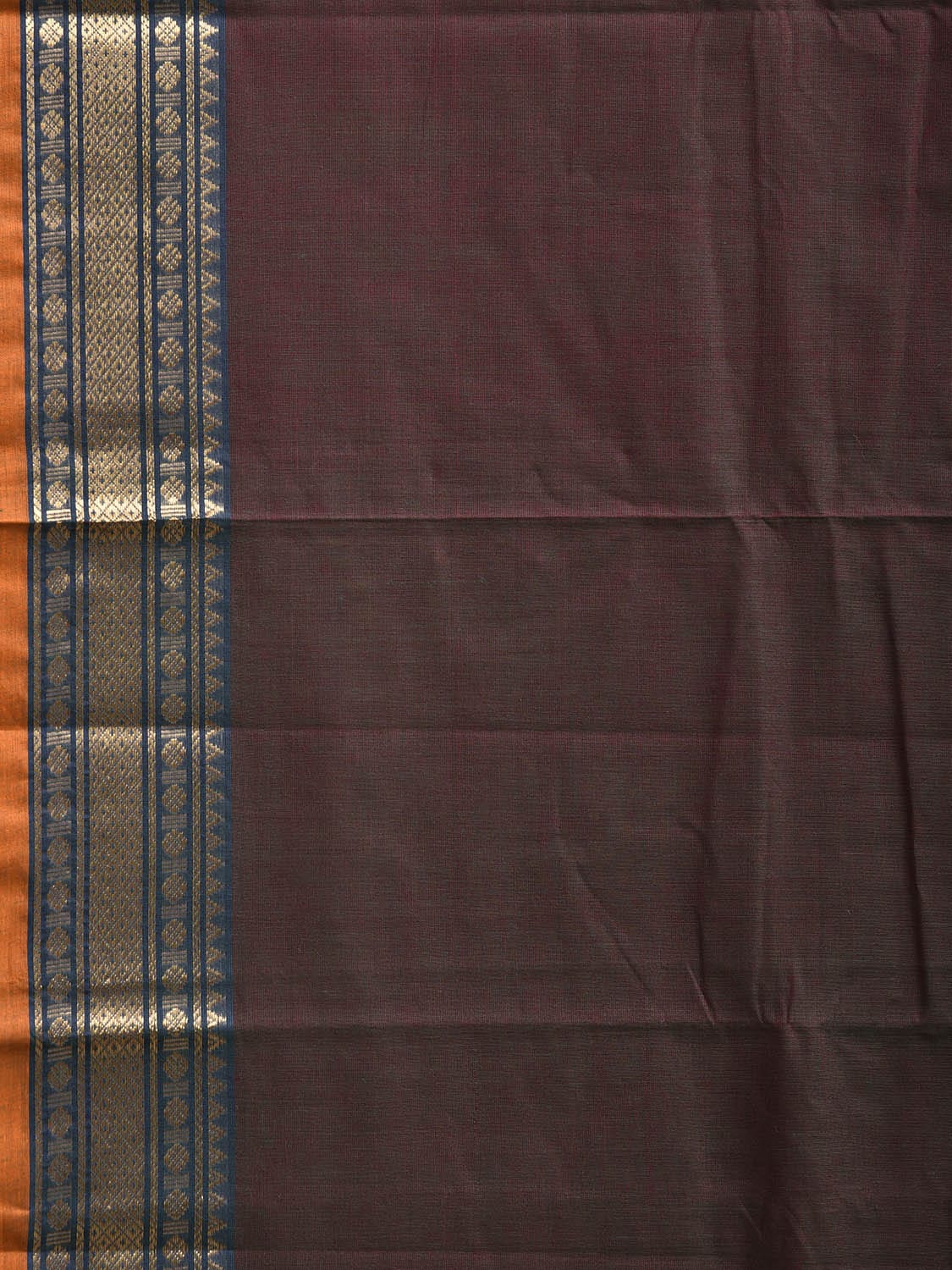 Brown Kanchipuram Cotton Plain Saree with Strips and Border Design k0851