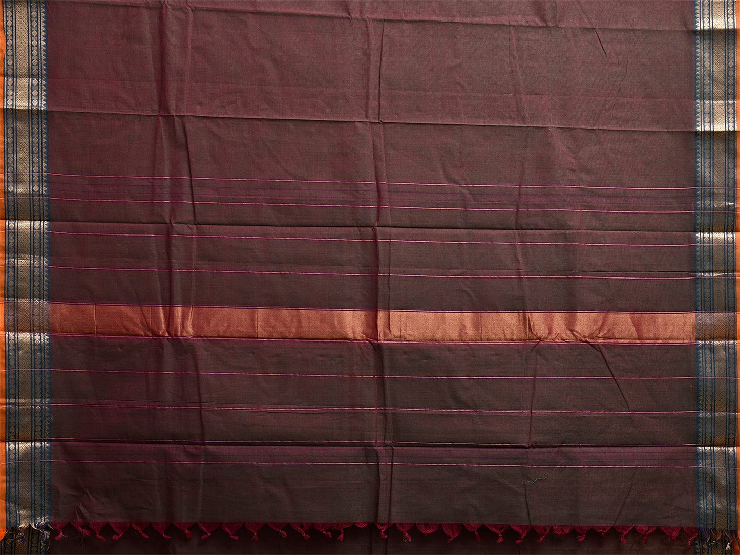 Brown Kanchipuram Cotton Plain Saree with Strips and Border Design k0851