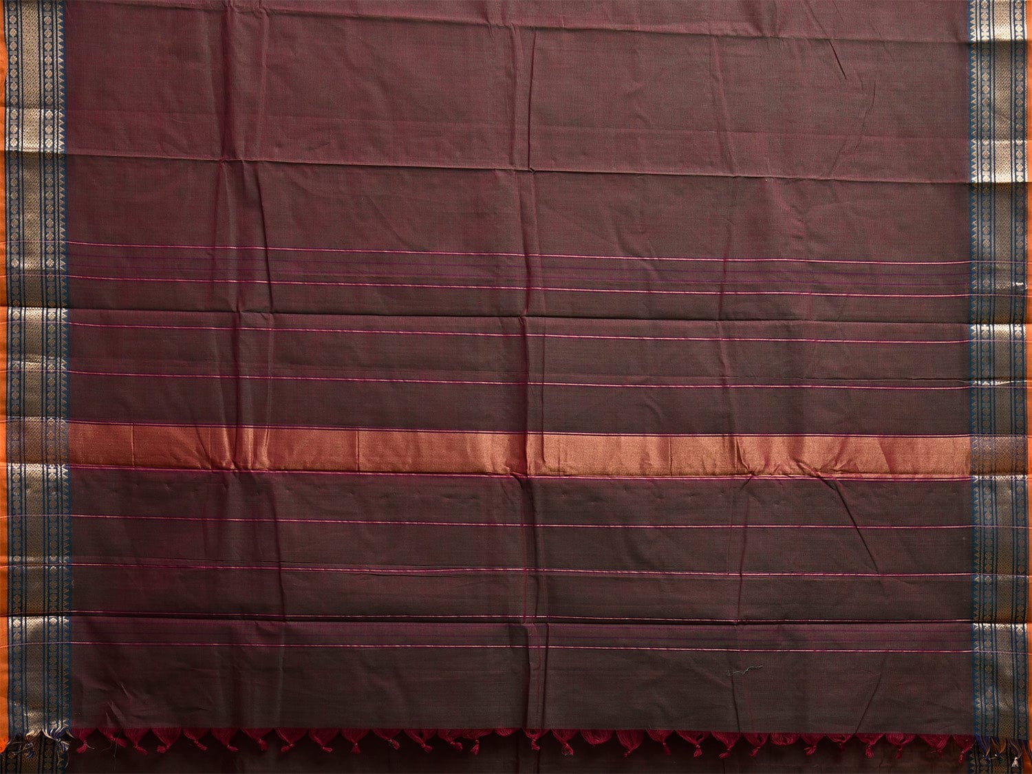 Brown Kanchipuram Cotton Plain Saree with Strips and Border Design k0851