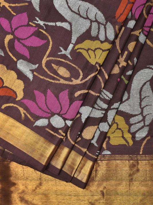 Brown Uppada Silk Handloom Saree with All Over Birds and Lotus Design u2160