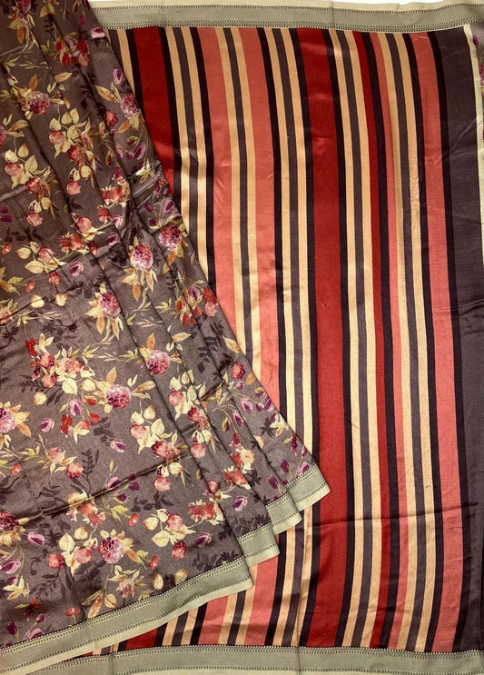 Brown Viscose Silk Saree with Border and Floral Digital Print Design pr0082us