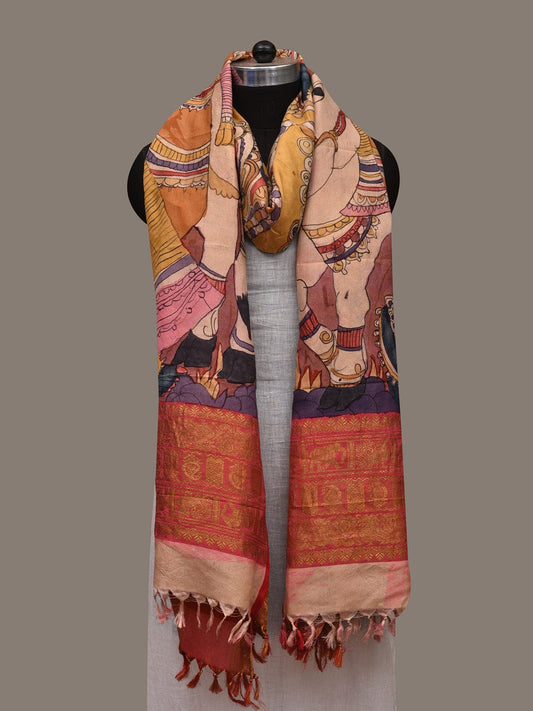 Burgundy and Red Kalamkari Hand Painted Kanchipuram Silk Handloom Dupatta with Krishna Design ds2972