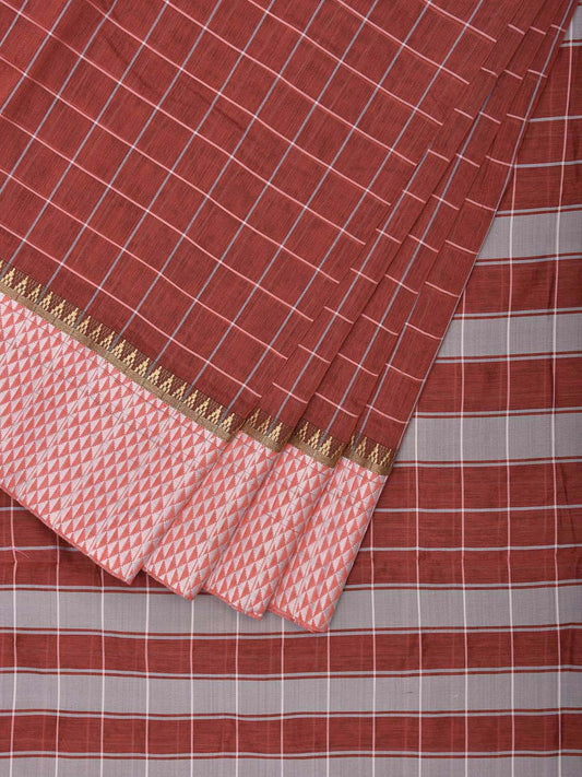 Burgundy and White Bamboo Cotton Saree with Big Checks Design No Blouse bc0642