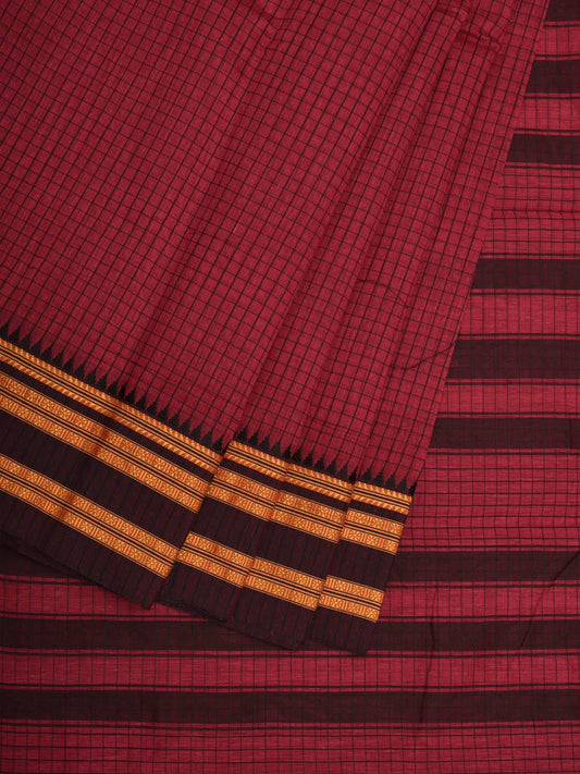 Burgundy Bamboo Cotton Saree with Checks Design bc0073