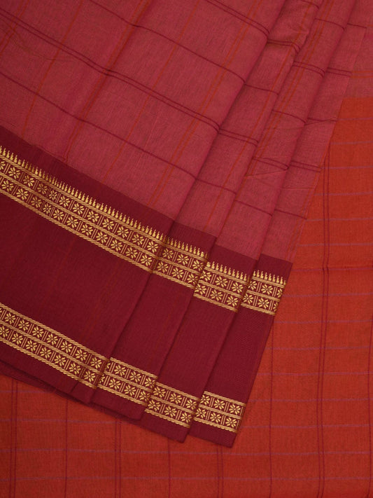 Burgundy Bamboo Cotton Saree with Checks Design No Blouse o0358