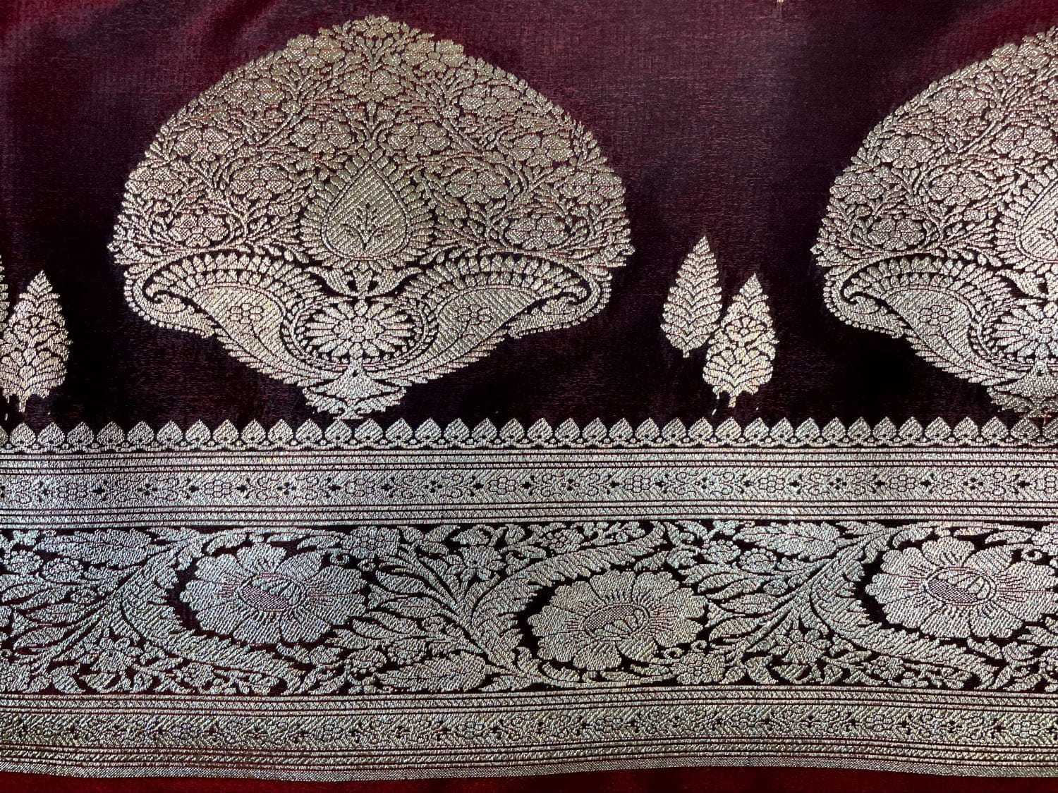 Burgundy Banaras Katan Silk Saree with Body Butti and Border Design b0410ds