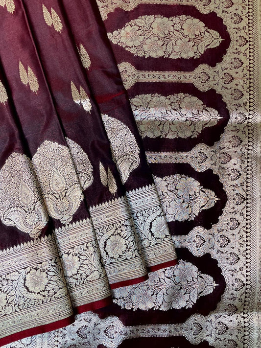 Burgundy Banaras Katan Silk Saree with Body Butti and Border Design b0410ds