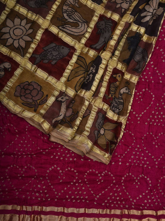 Burgundy Bandhani Kanchipuram Silk Handloom Saree with Kalamkari Checks Design bn0448