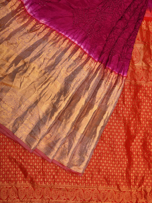 Burgundy Bandhani Kanchipuram Silk Handloom Saree with Pallu and Border Design bn0458