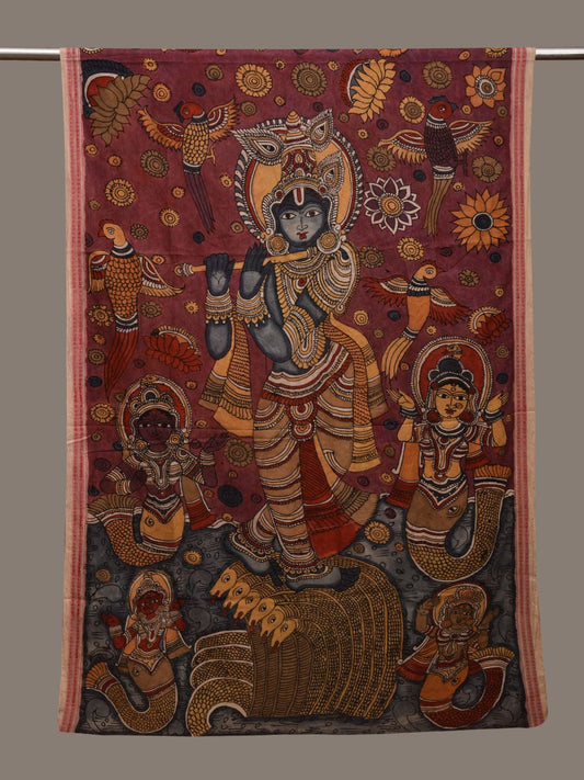 Burgundy Kalamkari Hand Painted Cotton Handloom Dupatta with Krishna Design ds3003