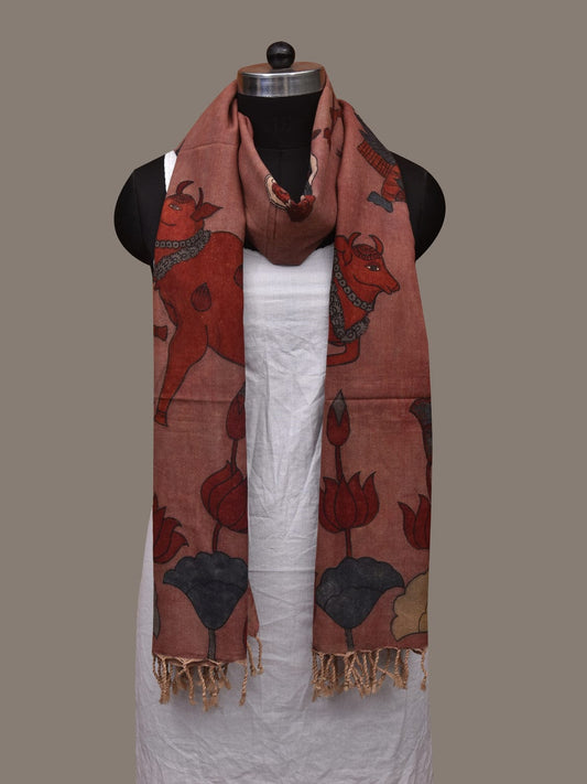 Burgundy Kalamkari Hand Painted Cotton Tussar Handloom Dupatta with Krishna and Cows Design ds3058