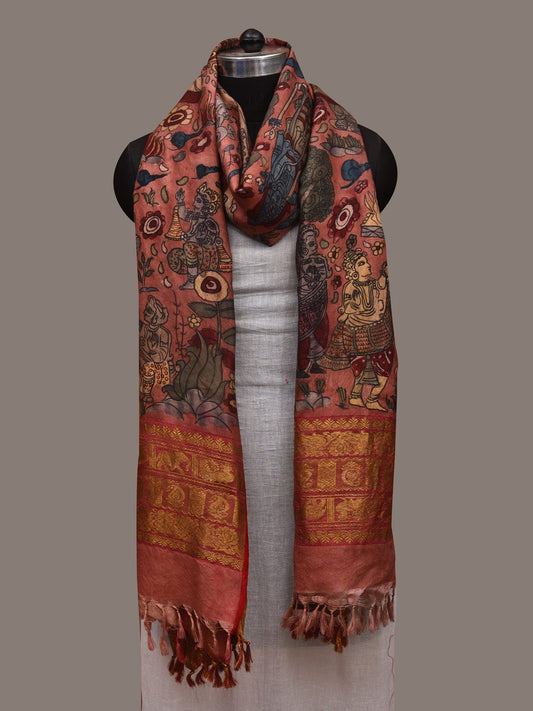 Burgundy Kalamkari Hand Painted Kanchipuram Silk Handloom Dupatta with Dashavatar Design ds2981