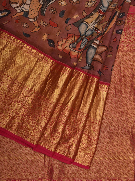 Burgundy Kalamkari Hand Painted Kanchipuram Silk Handloom Saree with Dashavatar Design KL0648