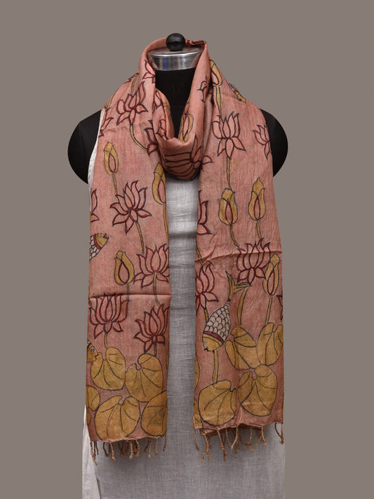 Burgundy Kalamkari Hand Painted Tussar Handloom Dupatta with Lotus Flowers and Fishes Design ds2978