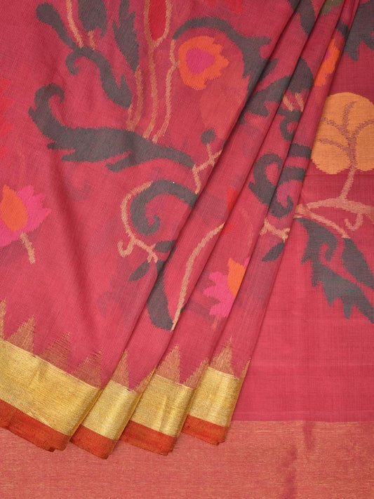 Burgundy Khadi Cotton Handloom Saree with Flowers and Peacocks Design kh0517