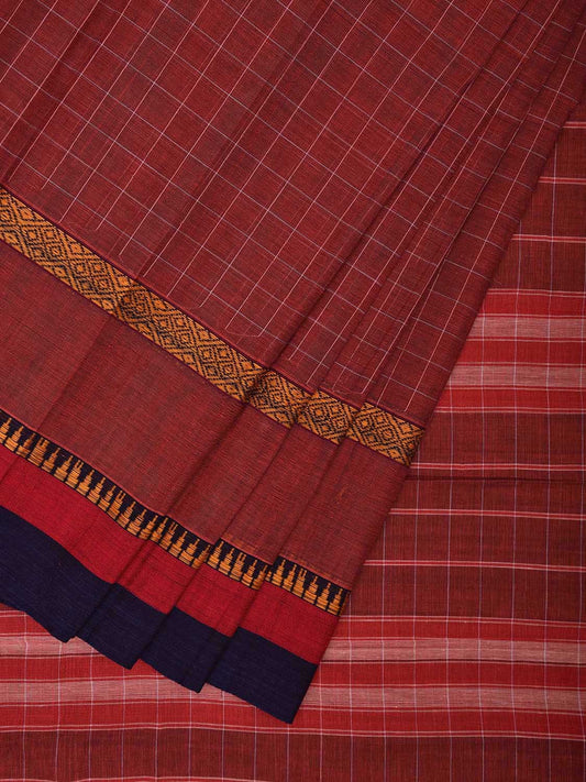 Burgundy Narayanpet Cotton Handloom Saree with Checks Design No Blouse np1030