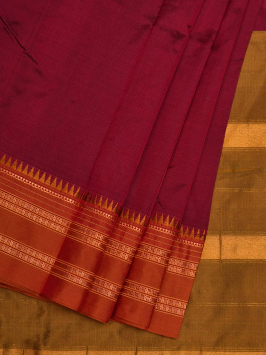 Burgundy Narayanpet Silk Handloom Plain Saree with Traditional Design No Blouse np0597