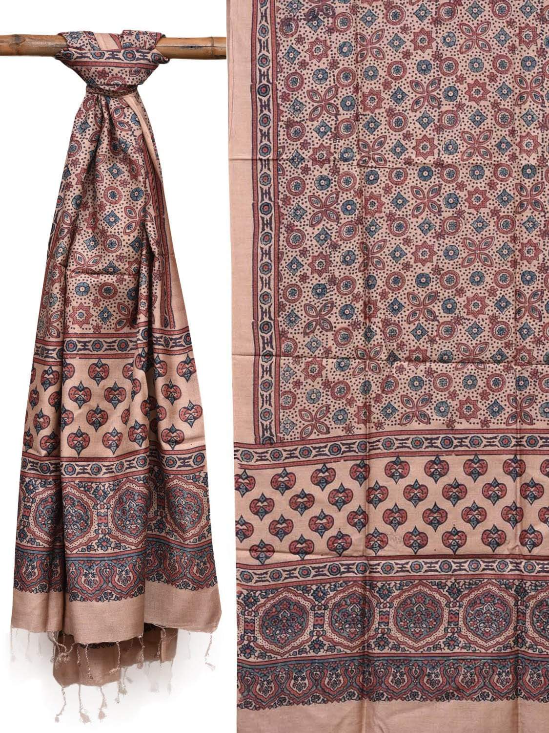 Cream Ajrak Print Tussar Handloom Dupatta ds2011