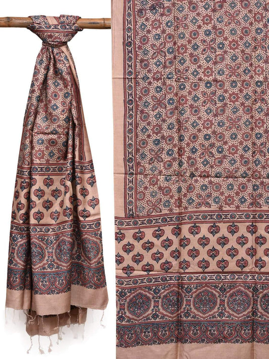 Cream Ajrak Print Tussar Handloom Dupatta ds2011