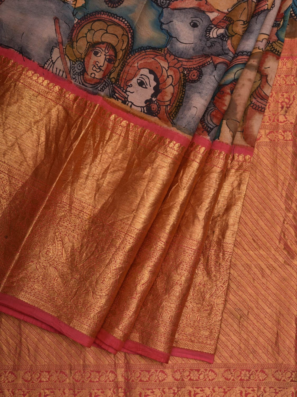 Cream and Baby Pink Kalamkari Hand Painted Kanchipuram Silk Handloom Saree with Krishna Leela Design KL0632
