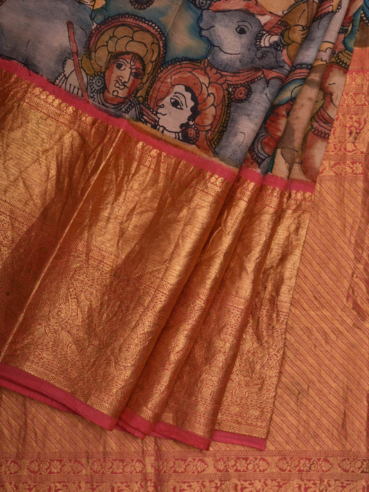 Cream and Baby Pink Kalamkari Hand Painted Kanchipuram Silk Handloom Saree with Krishna Leela Design KL0632