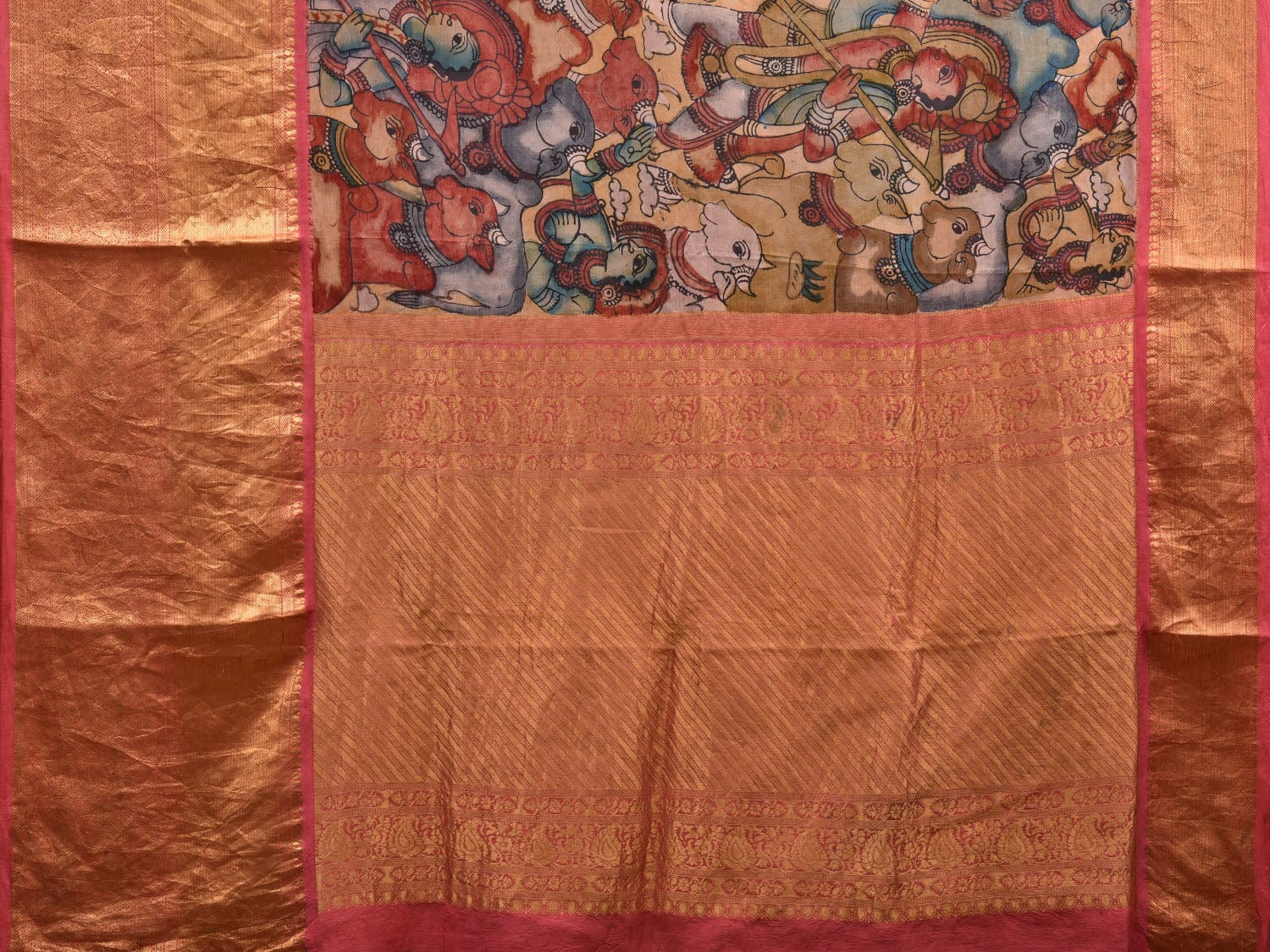 Cream and Baby Pink Kalamkari Hand Painted Kanchipuram Silk Handloom Saree with Krishna Leela Design KL0632