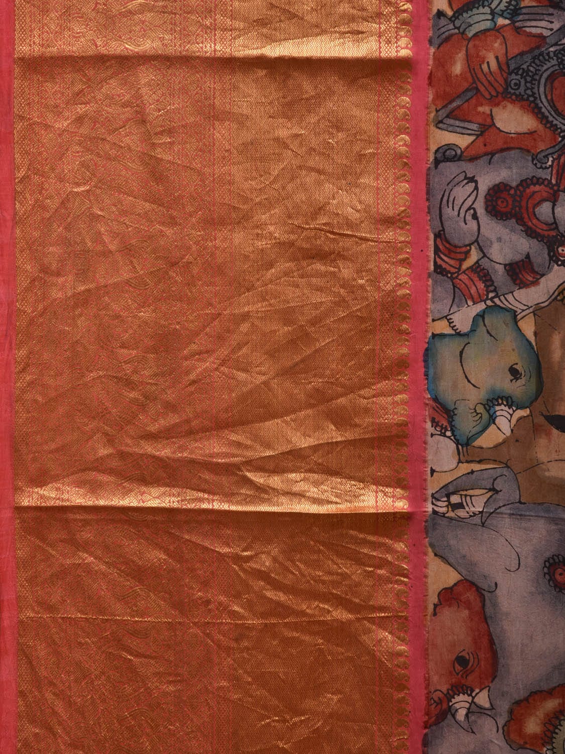Cream and Baby Pink Kalamkari Hand Painted Kanchipuram Silk Handloom Saree with Krishna Leela Design KL0632