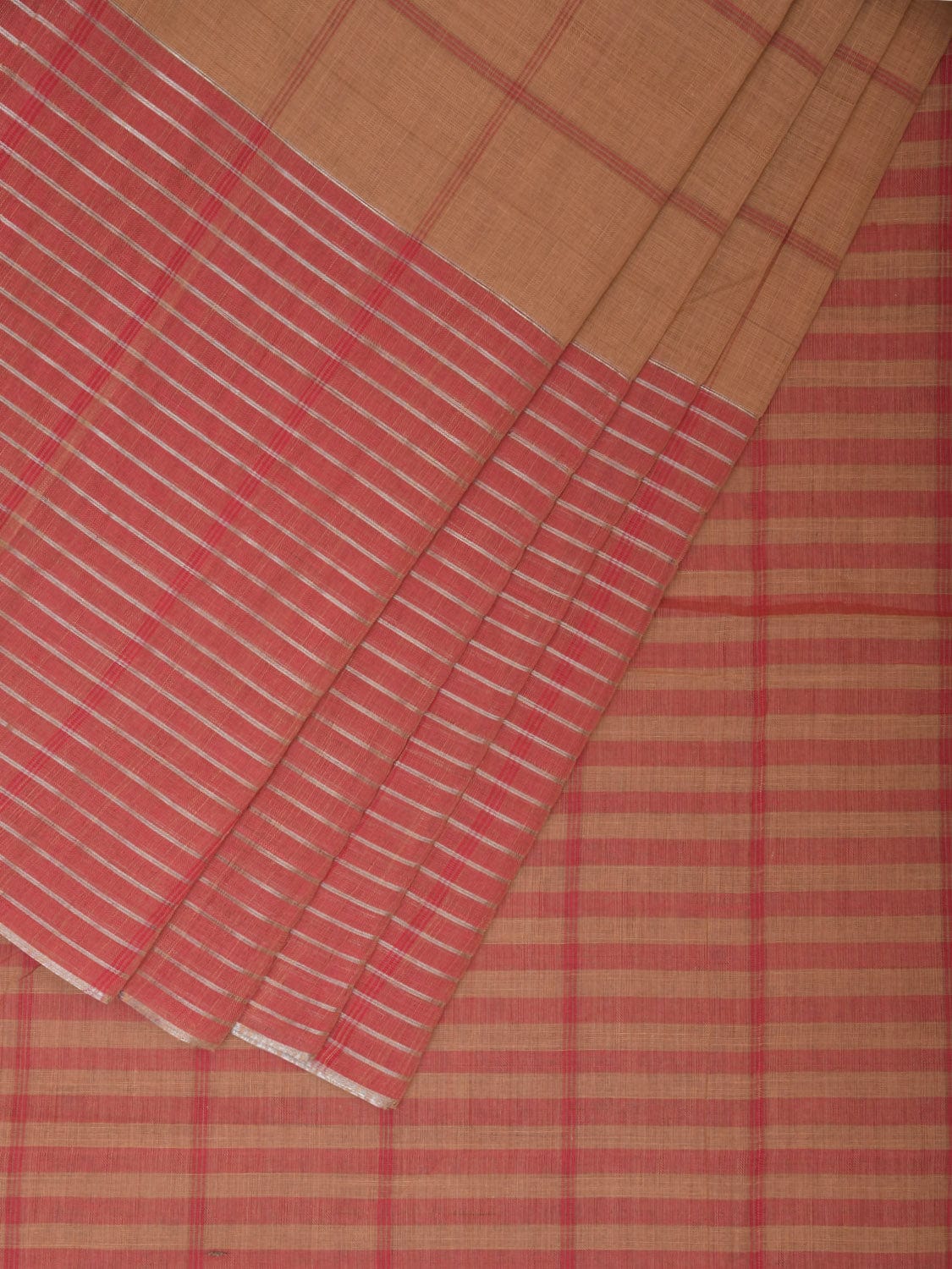 Cream and Baby Pink Kanchipuram Cotton Handloom Saree with Big Check Design k0564